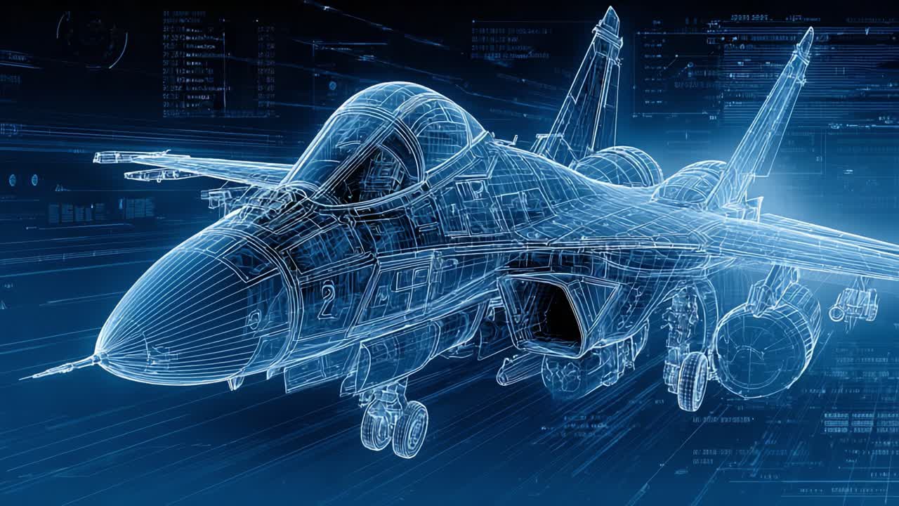 A Detailed 3D Wireframe Visualization of a Jet Aircraft, Featuring Intricate Design Elements and Modern Aesthetic in a Futuristic Context