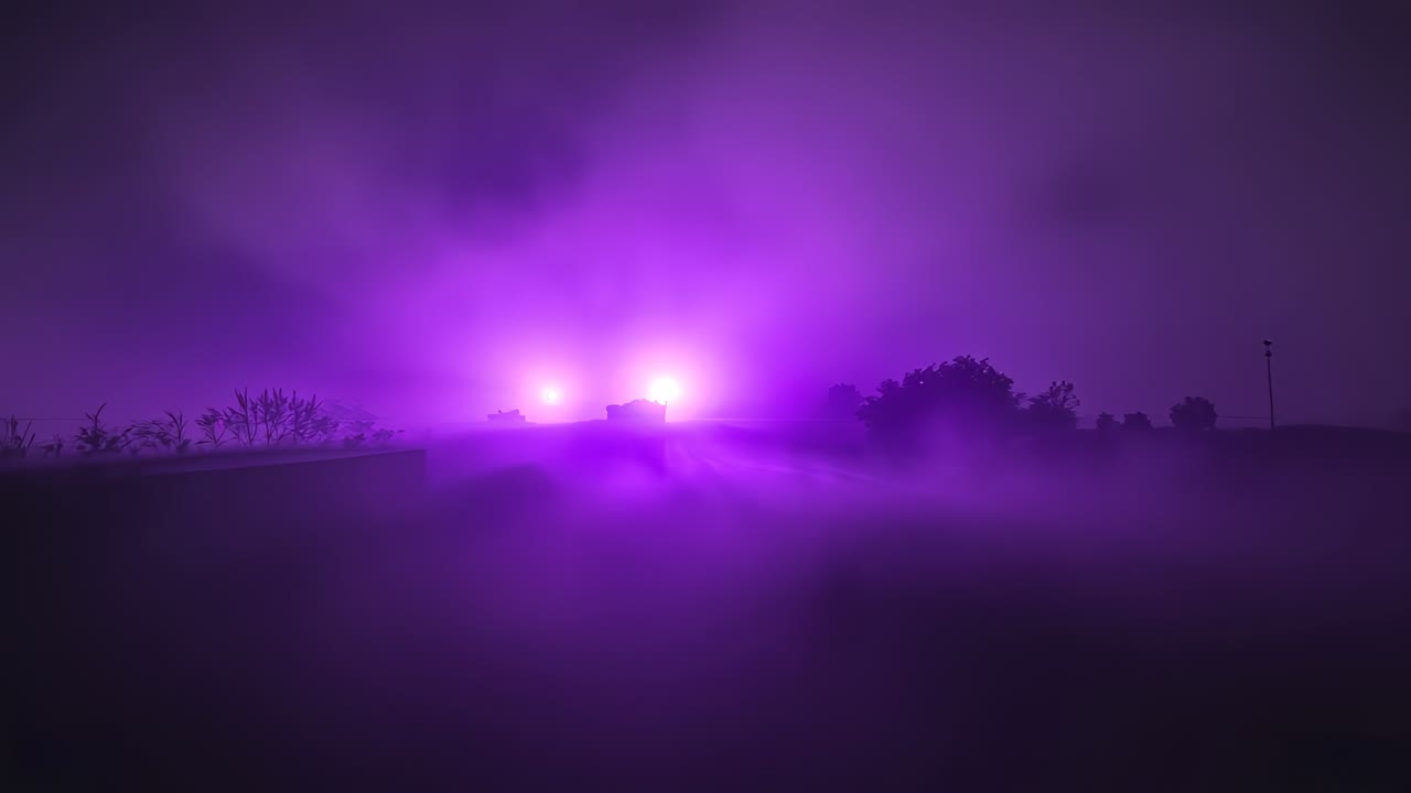 Activating two purple lights lighting rising smoke plume and showing bushes at night over field