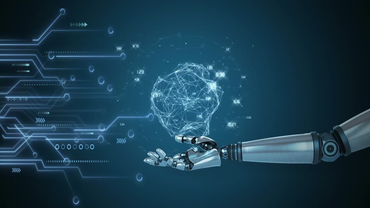 animación de la placa de circuitos y procesamiento de datos digitales sobre el brazo del robot