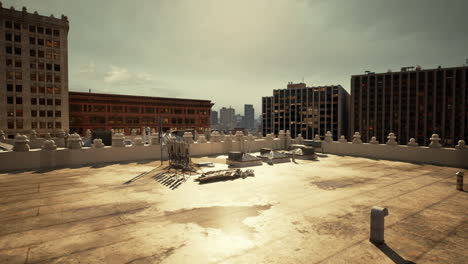 aerial view of a city rooftop with skyscrapers in the background