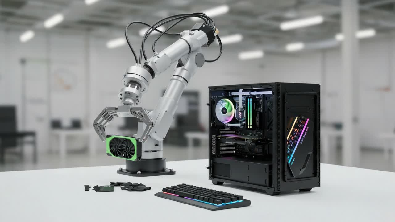 A Robotic Arm Assisting in the Assembly of a Modern Gaming PC with RGB Components, Showcasing Advanced Technology in a Clean Environment