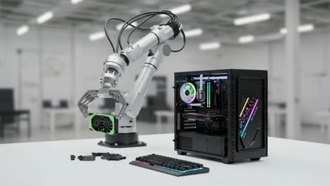 a robotic arm assisting in the assembly of a modern gaming pc with rgb components, showcasing advanced technology in a clean environment