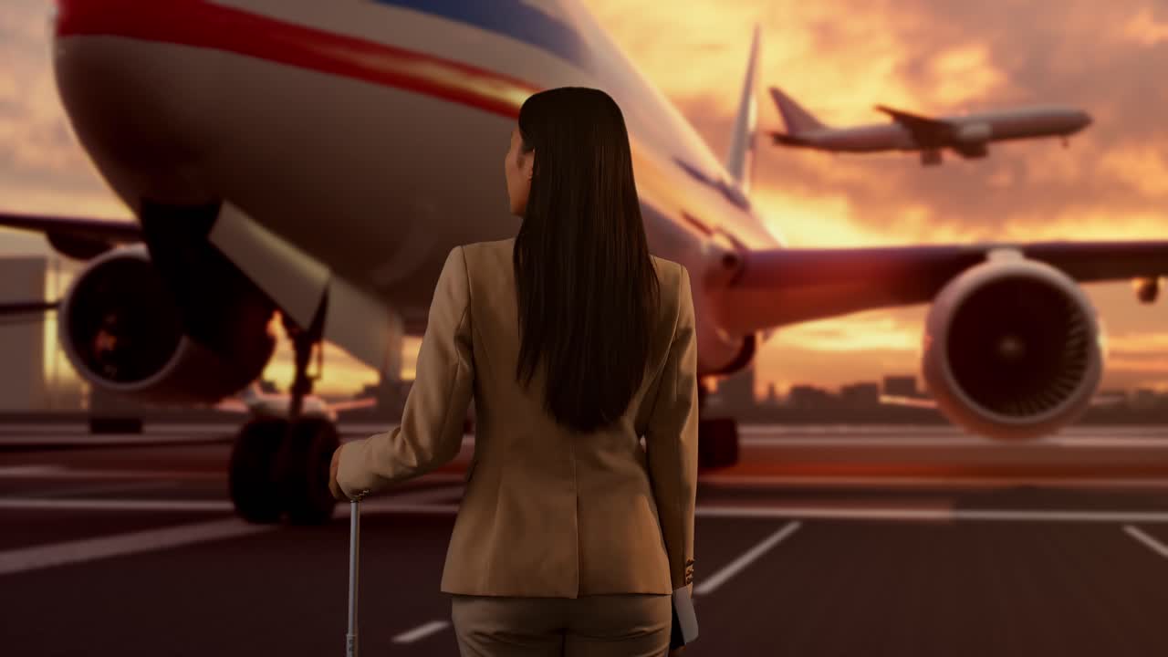 Vista trasera de una empresaria asiática con una maleta con ruedas esperando un vuelo en un jet privado al atardecer, caminando y mirando alrededor, aeropuerto con avión