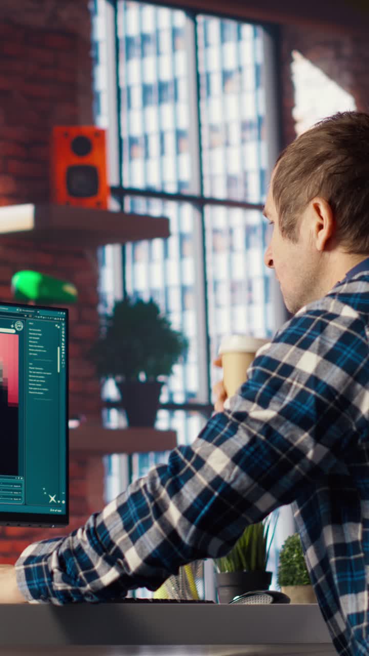 Vertical video Man in apartment workspace using AI software turning text prompt into photos