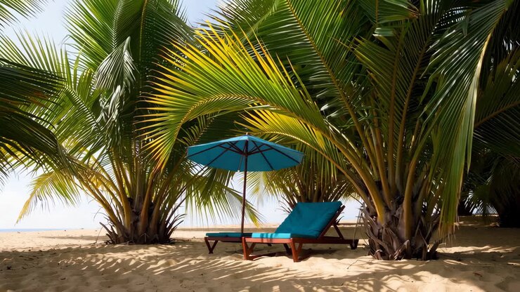 Scena di spiaggia tropicale con palme e lettino.