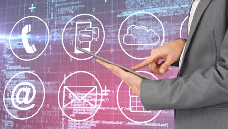 composición digital de un hombre de negocios que usa una tableta digital contra iconos digitales y procesamiento de datos