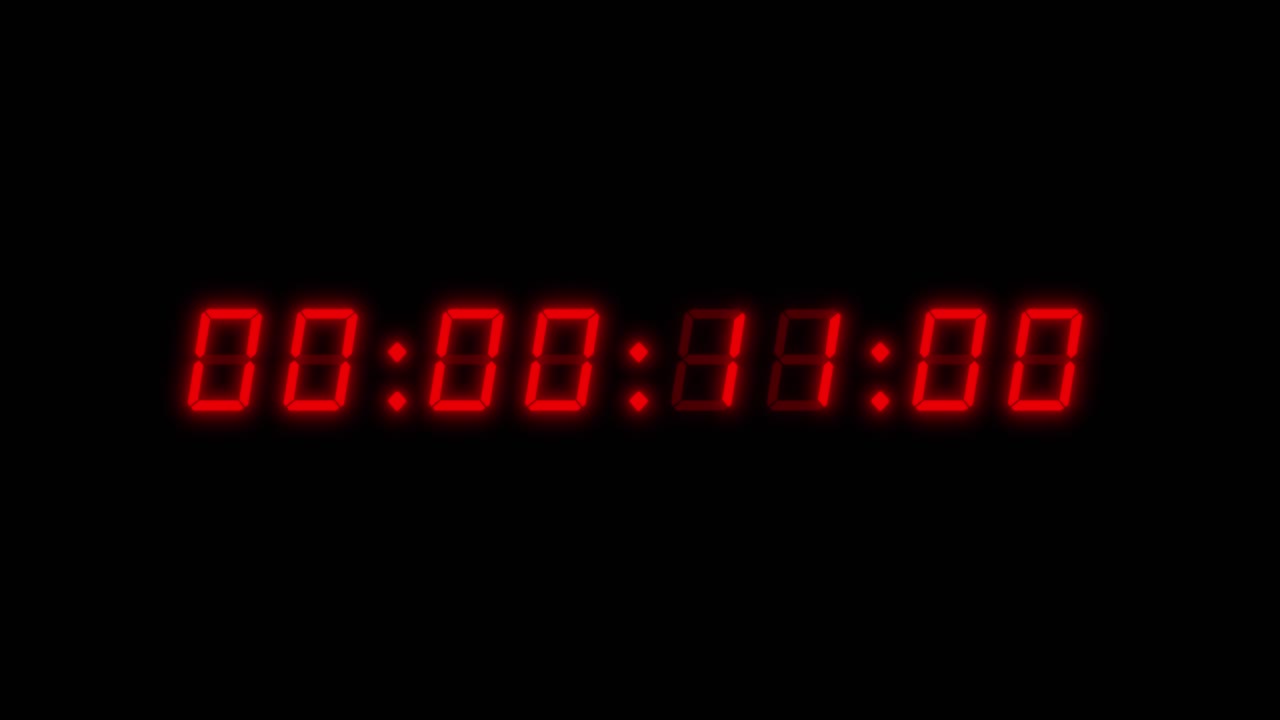 8-digits digital clock count up timer with Red digits on black background. 60 seconds (1 minute) Retro digital alarm clock