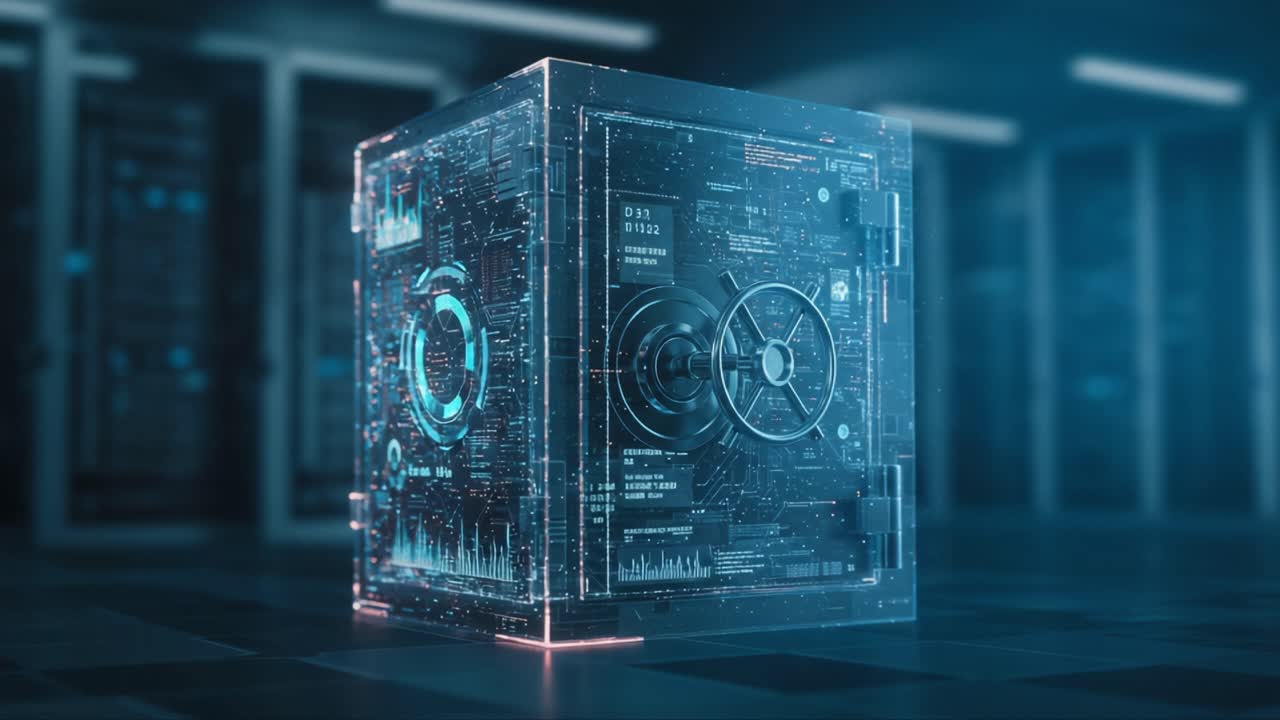 Exploring the Future of Data Security: A Futuristic Safe with Holographic Interfaces That Represents Cutting-Edge Technology and Protection for Valuable Information