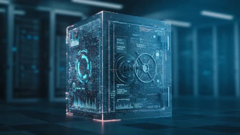 exploring the future of data security: a futuristic safe with holographic interfaces that represents cutting-edge technology and protection for valuable information