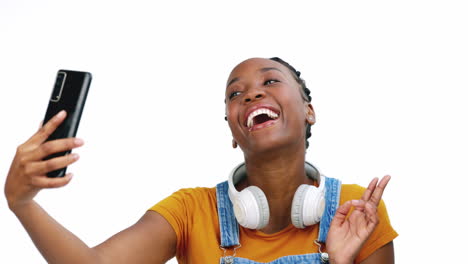 Black-woman,-studio-selfie-and-phone-with-peace