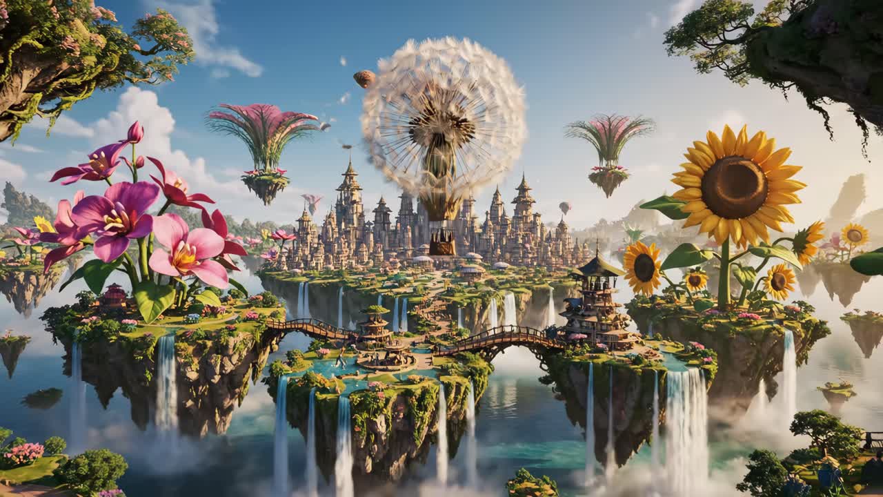 Fantasy Landscape with Floating Islands and Dandelion