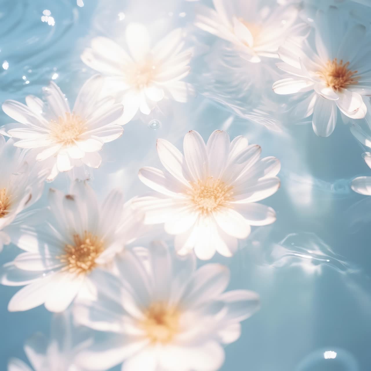 Top-down view of white daisies floating on water, creating a serene and dreamy atmosphere, perfect