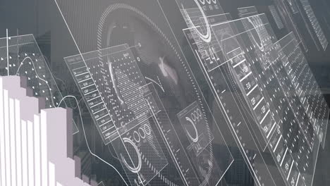animation of futuristic digital interface displaying data charts over cityscape