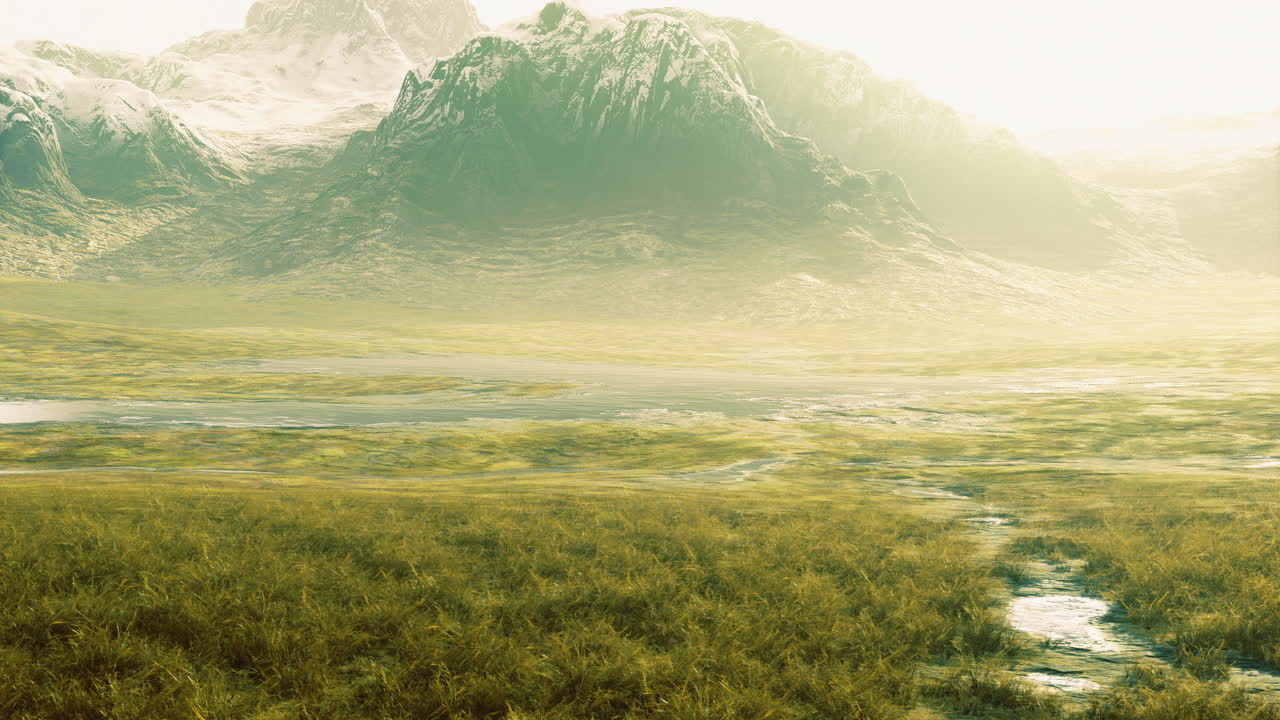 Lush green landscape with majestic mountains under bright sunlight