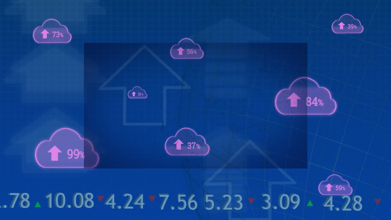 animación de nubes con números sobre gráficos y flechas sobre fondo azul