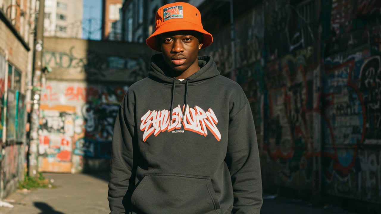 A Young Individual Standing Confidently in a Graffiti-Decorated Urban Alley, Showcasing Modern Street Fashion with Vibrant Colors and Bold Statements