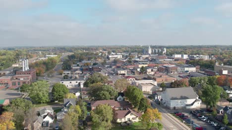 aerial drone shot of a small rural town in the midwest united states