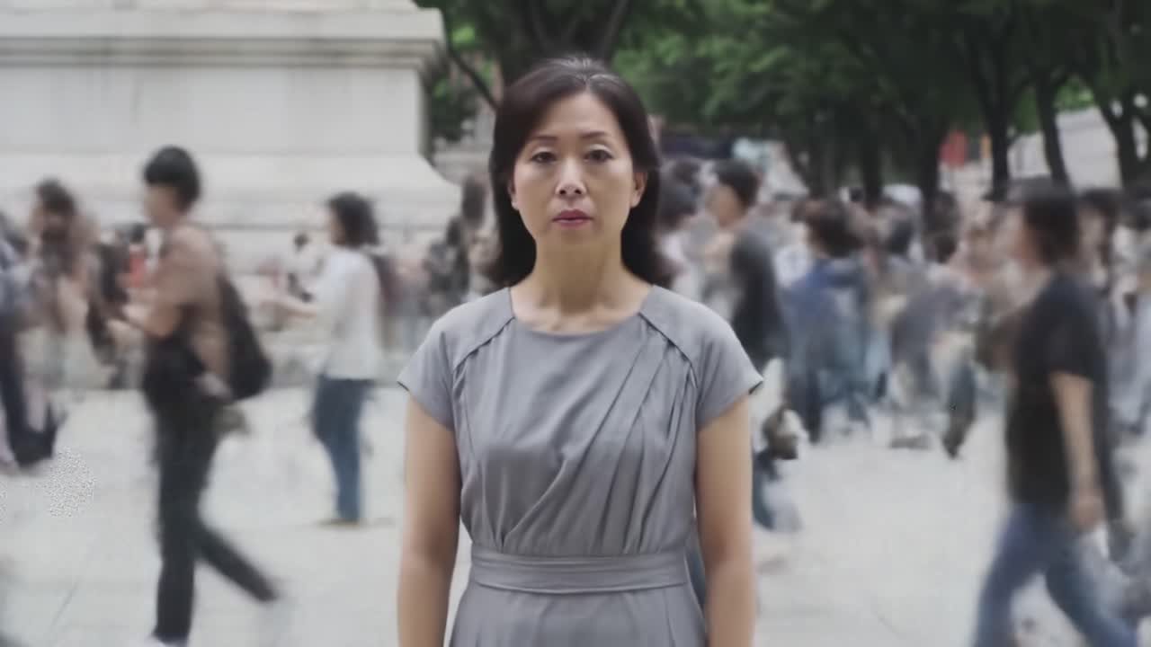 A solitary woman stands still amidst a bustling crowd, embodying the contrast between individuality and the relentless pace of urban life, highlighting moments of introspection in a busy world.