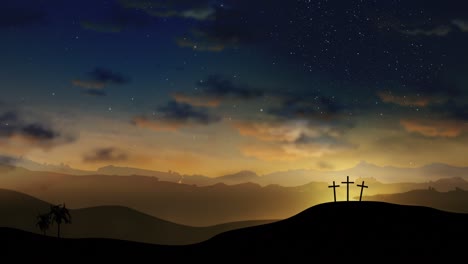 three crosses on the hill with clouds moving on the starry sky