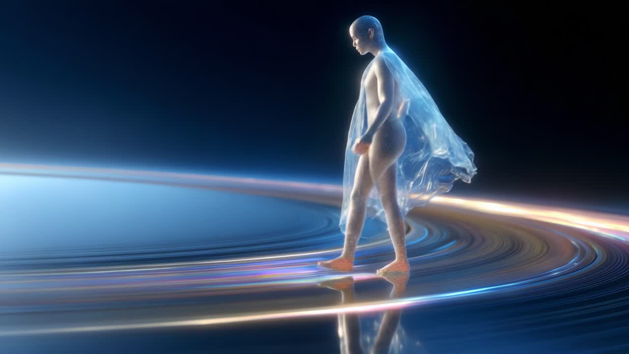 A luminous figure draped in a shimmering cloak traverses a vibrant, swirling circular path, exuding an ethereal glow that transforms the surrounding space into a captivating blend of colors and light