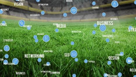 animation of network of connections and text over empty stands in sports stadium