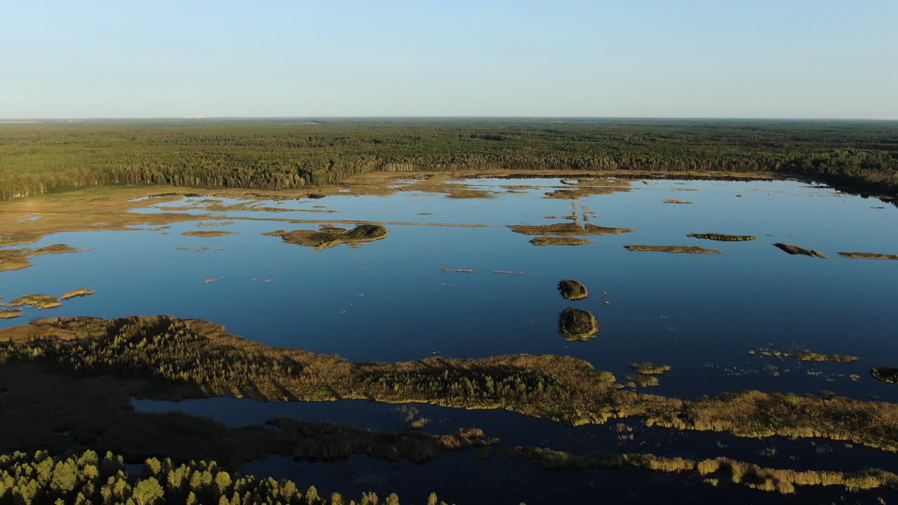 Wetlands of Lithuania with massive forest and small lake islands, aerial side fly view