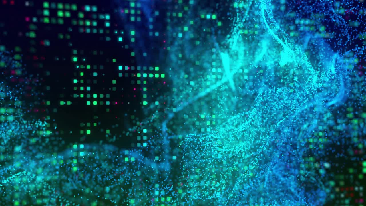 Particle stream emerging from lower left winding through neon grid, visualizing fluid data flow