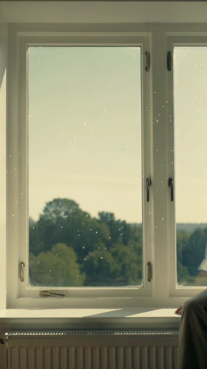 Vertical video: Shifting seated person moving at white window, light causing dust drifting by