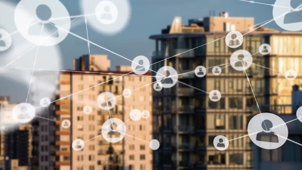 도시 풍경 위의 사람 아이콘과의 연결 네트워크의 애니메이션