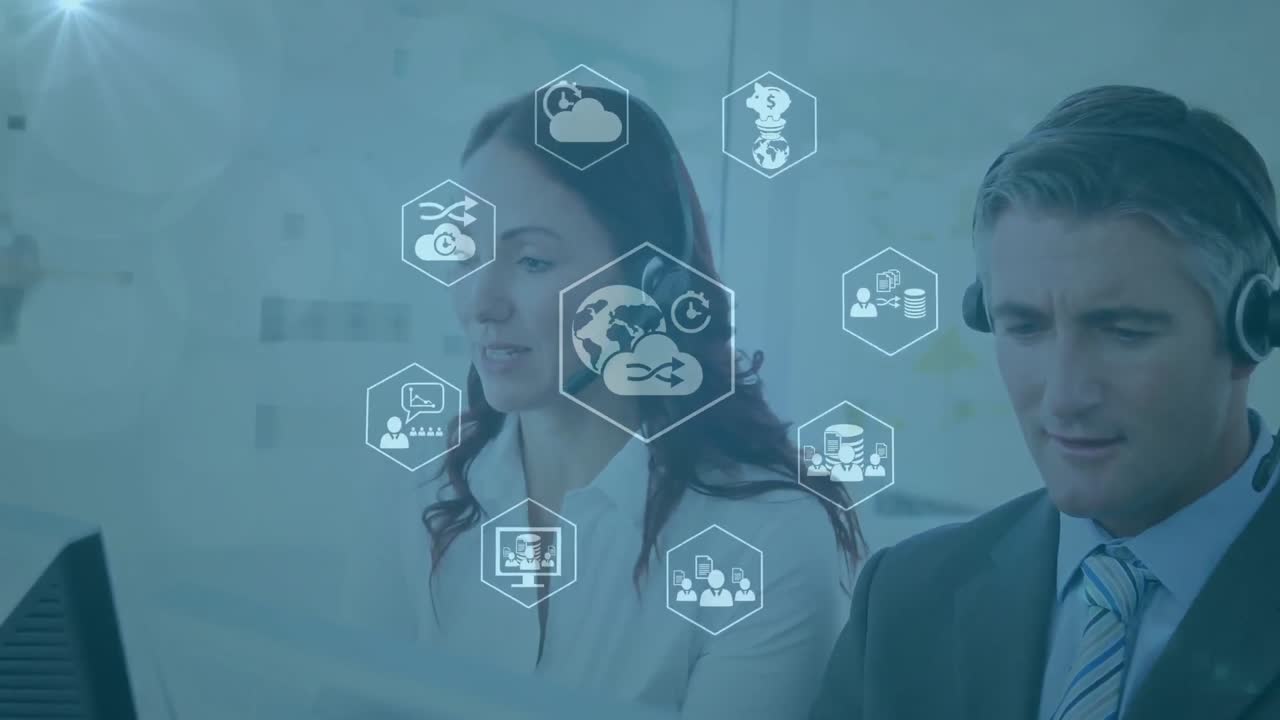 animación de la red de conexiones con iconos sobre personas de negocios que usan auriculares telefónicos