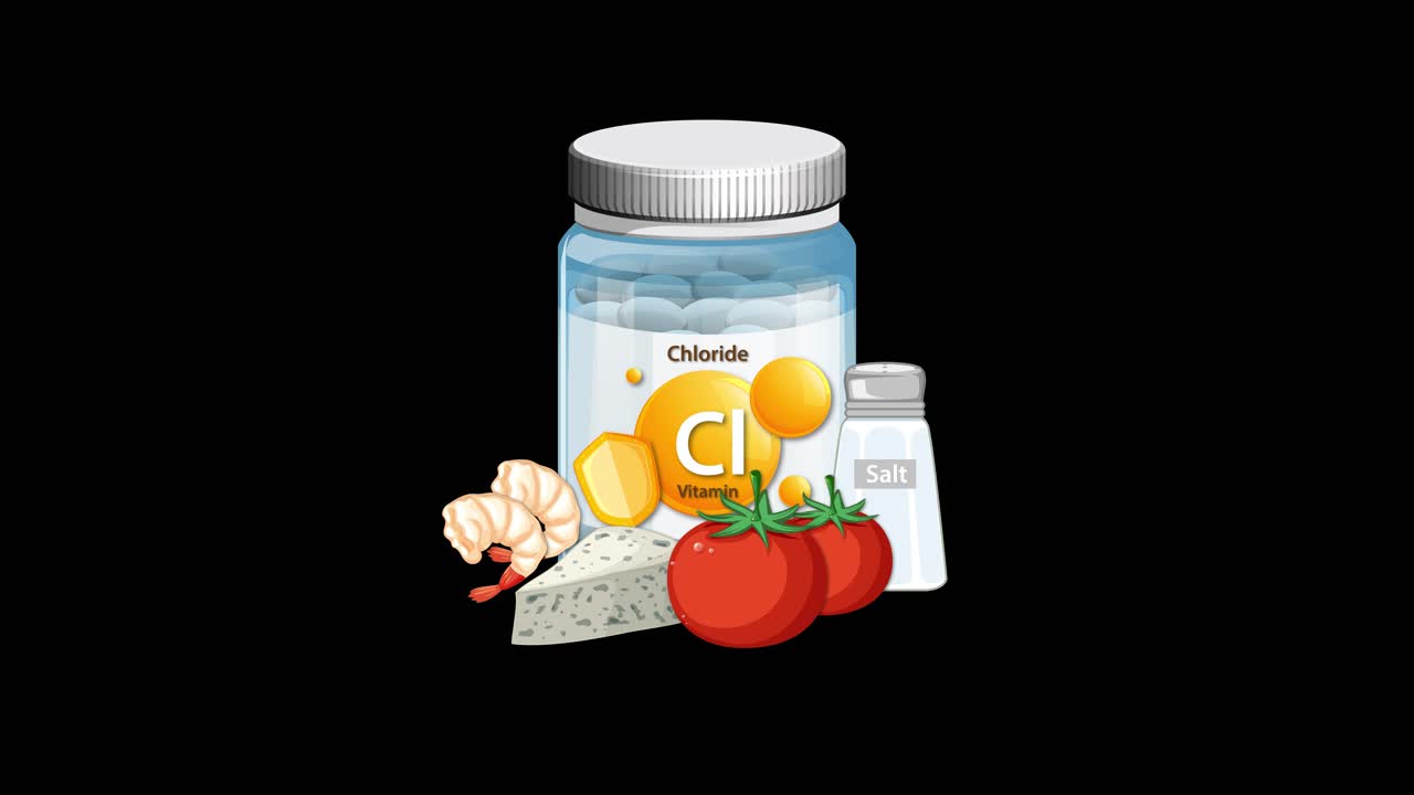 Vitamin chloride bottle appears with garlic, tomato, salt, and cheese on a black background