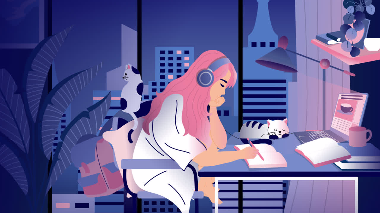 Girl Studying at Night with City View