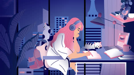chica estudiando por la noche con vista a la ciudad