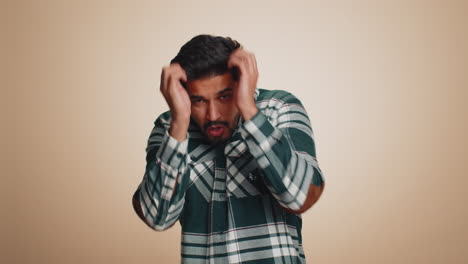 indian man terrified about danger problems suffering phobia anxiety disorder expresses fear