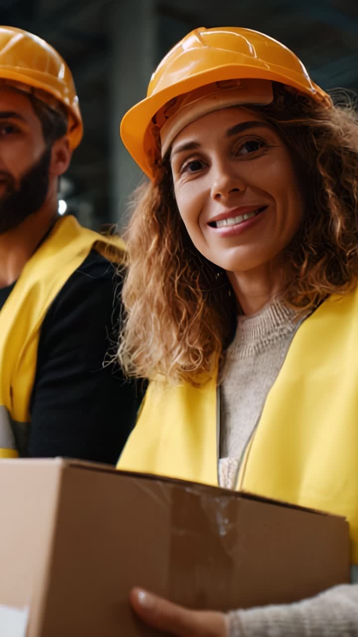 Happy construction workers in safety helmets showcase their teamwork while holding a cardboard box, highlighting the spirit of collaboration and safety in the workplace