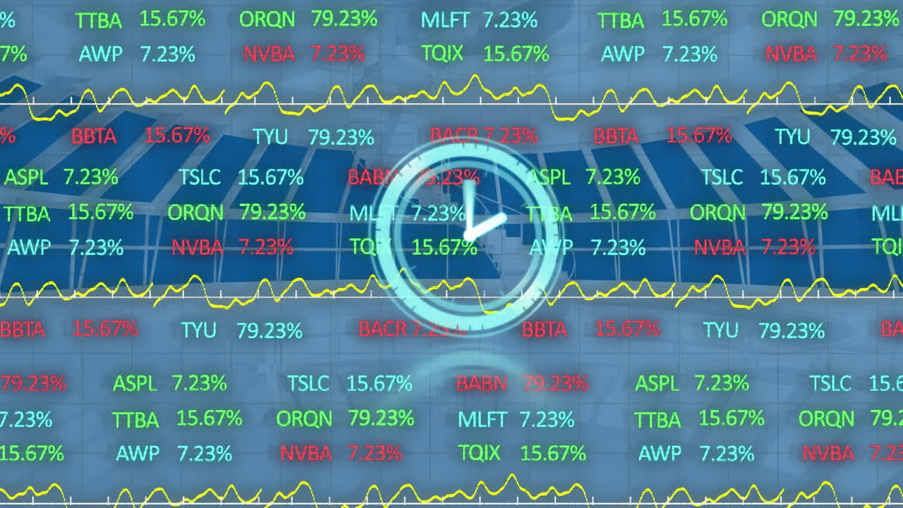 Animazione di orologio in movimento e elaborazione di dati finanziari su sfondo ufficio