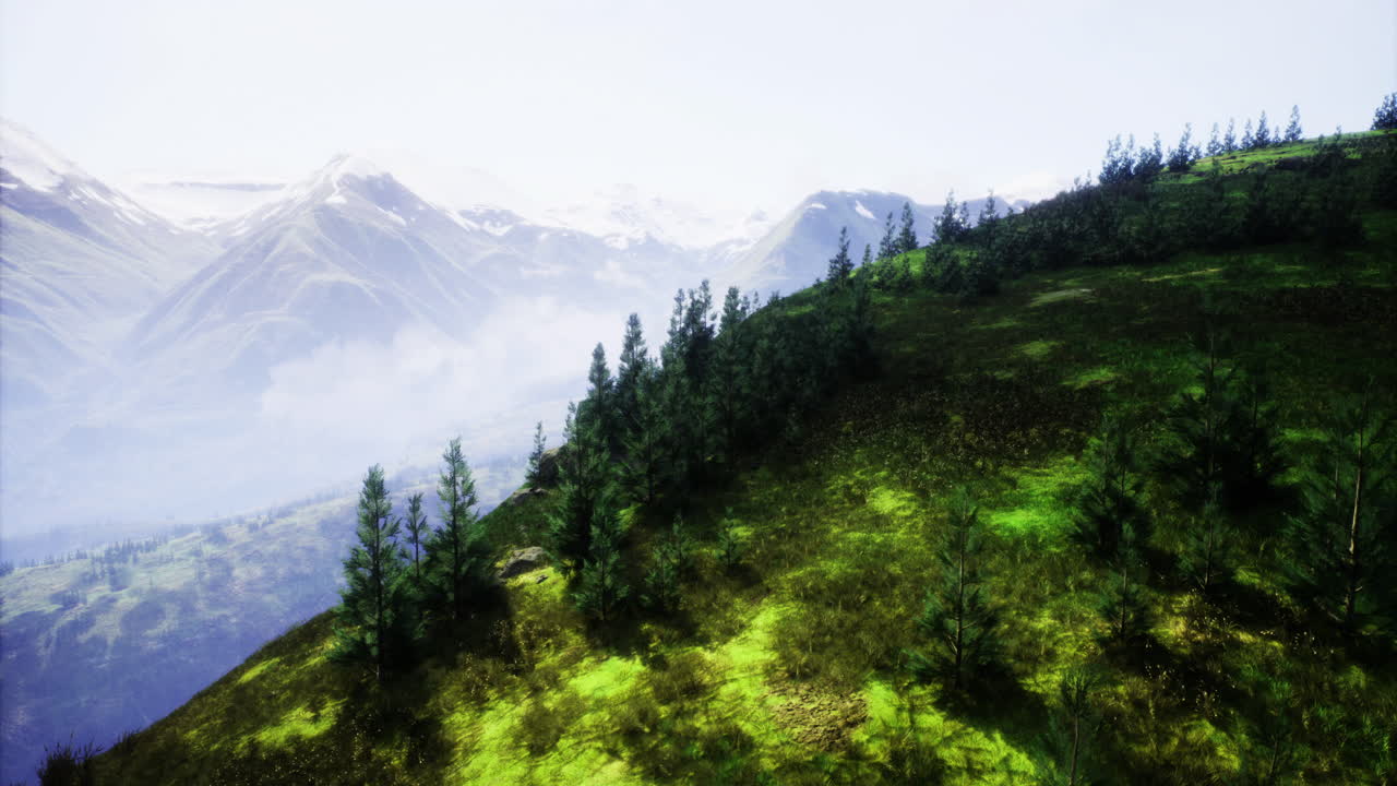 Scenic mountainous landscape with green fields and trees under blue sky