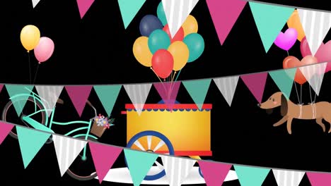 Animation-Von-Flaggen-über-Hund,-Fahrrad-Und-Luftballons-Auf-Schwarzem-Hintergrund