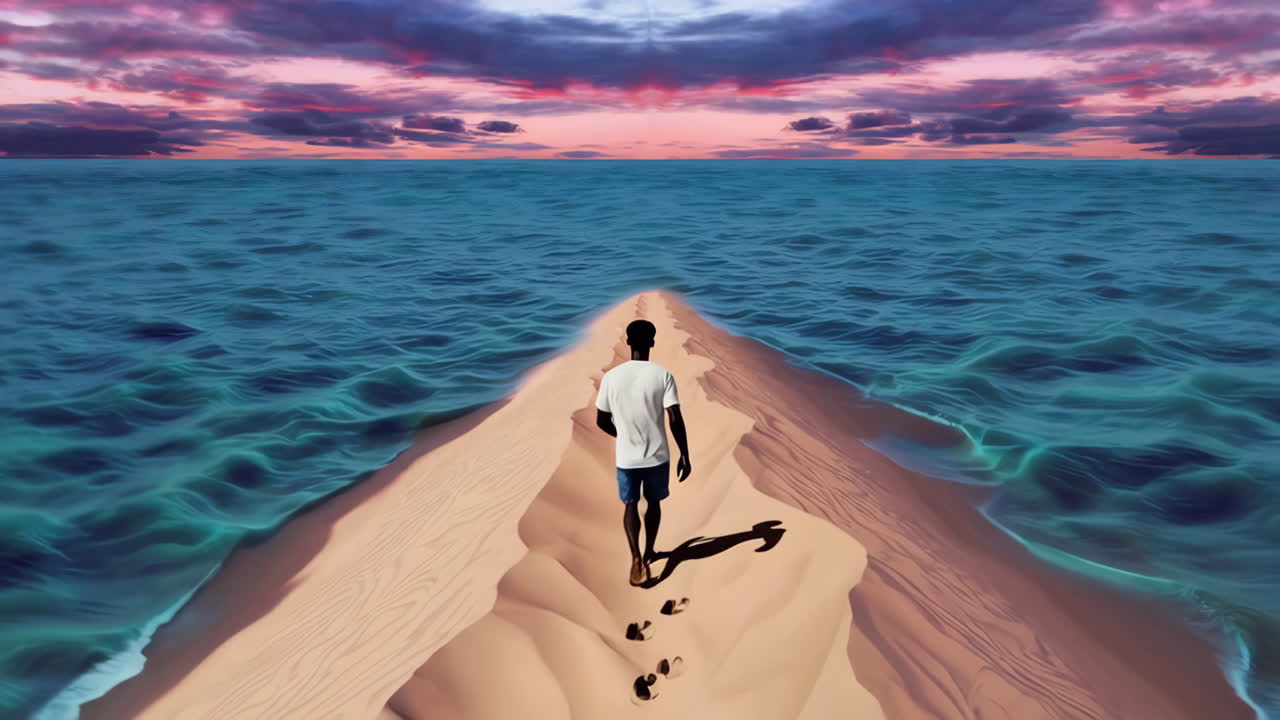 Man walking on a narrow sand path through the ocean at sunset