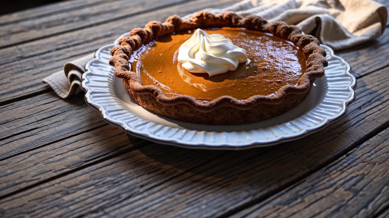 A rustic video scene of a pumpkin pie with whipped cream, captured from a side angle on a wooden
