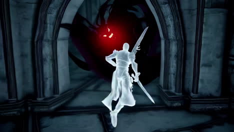 fantasy video game character fighting a demon in a dungeon