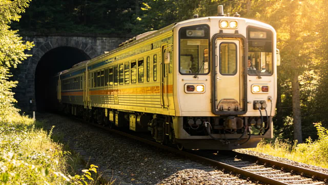 Kereta penumpang muncul dari terowongan batu, melewati kamera, melaju di sepanjang rel pedesaan yang tersinari matahari.