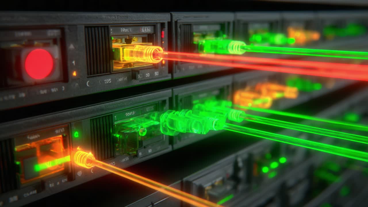 A vibrant array of fiber optic light beams illuminating high-tech server equipment, showcasing advanced data transmission technologies and connectivity in a digital infrastructure
