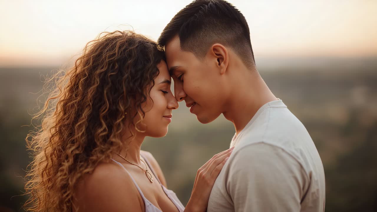 Holding eye contact, couple leaning at overlook at sunset, wearing pendant, thin top, light tee
