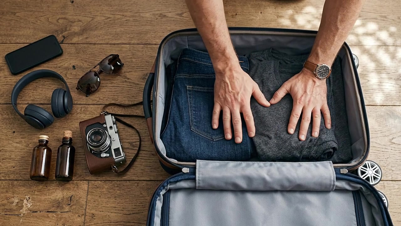 Person Organizing Clothes and Items Inside Open Travel Suitcase