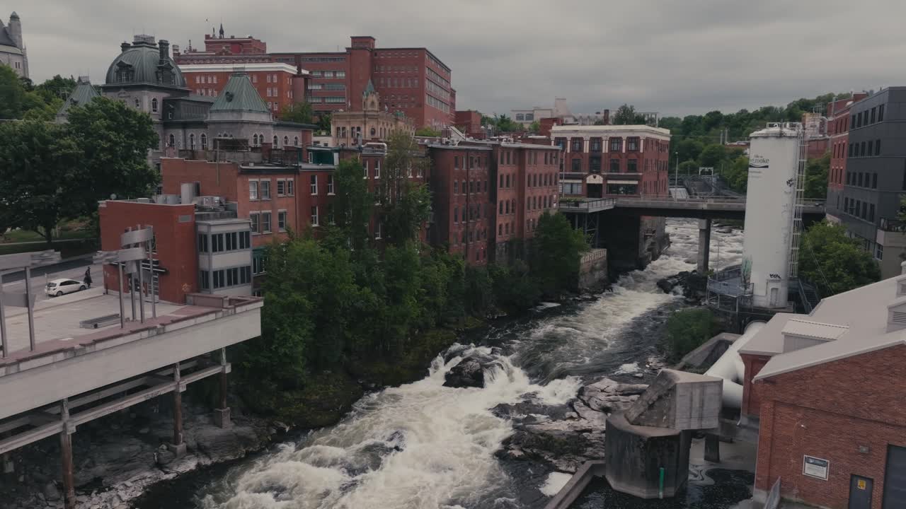 Magog River Sherbrooke Hydroelectric Power Plant Dam - Aerial Drone Shot