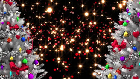 animación de árboles de navidad sobre luces voladoras