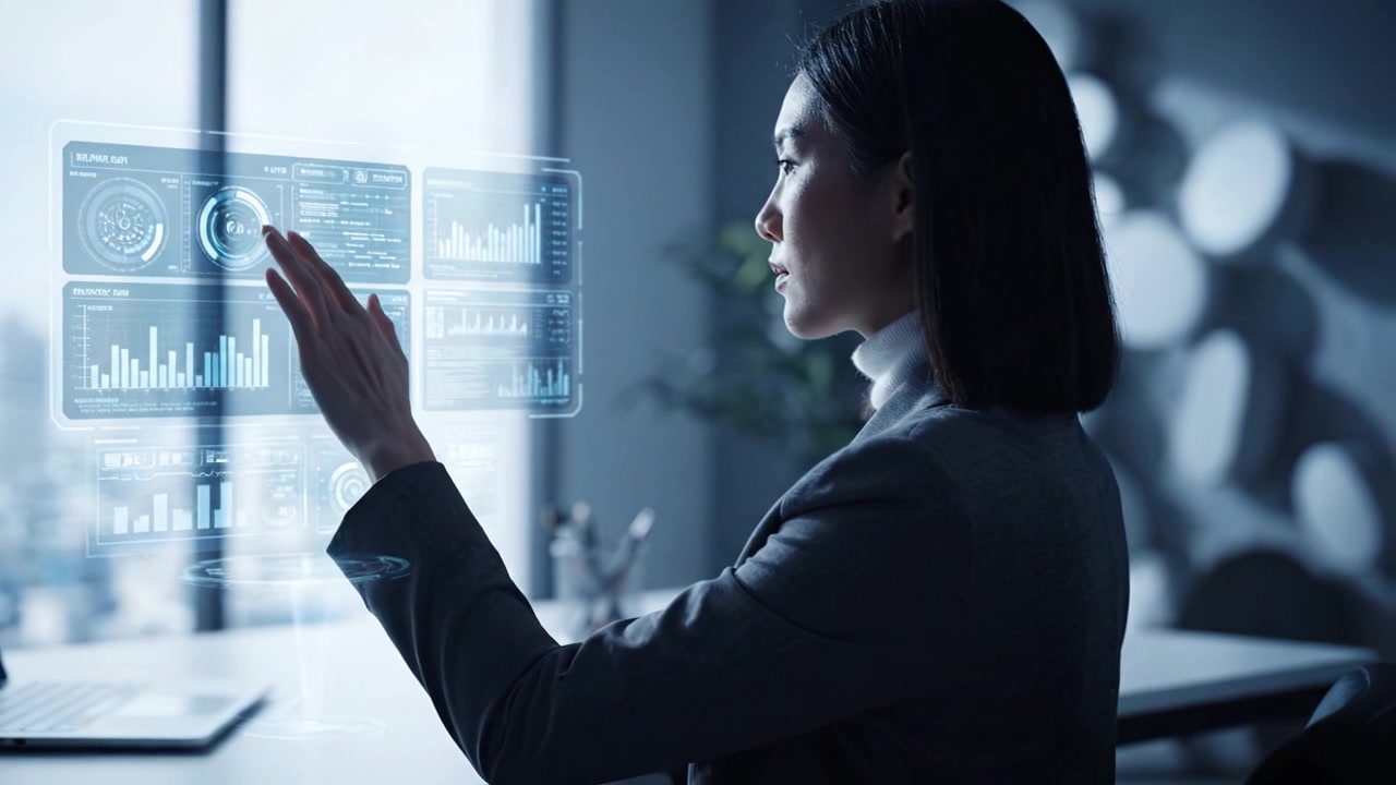 Focused professional woman interacting with digital data analytics interface in a modern office setting, showcasing advancements in technology and productivity.