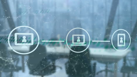 animación del procesamiento de datos con iconos sobre la oficina vacía.