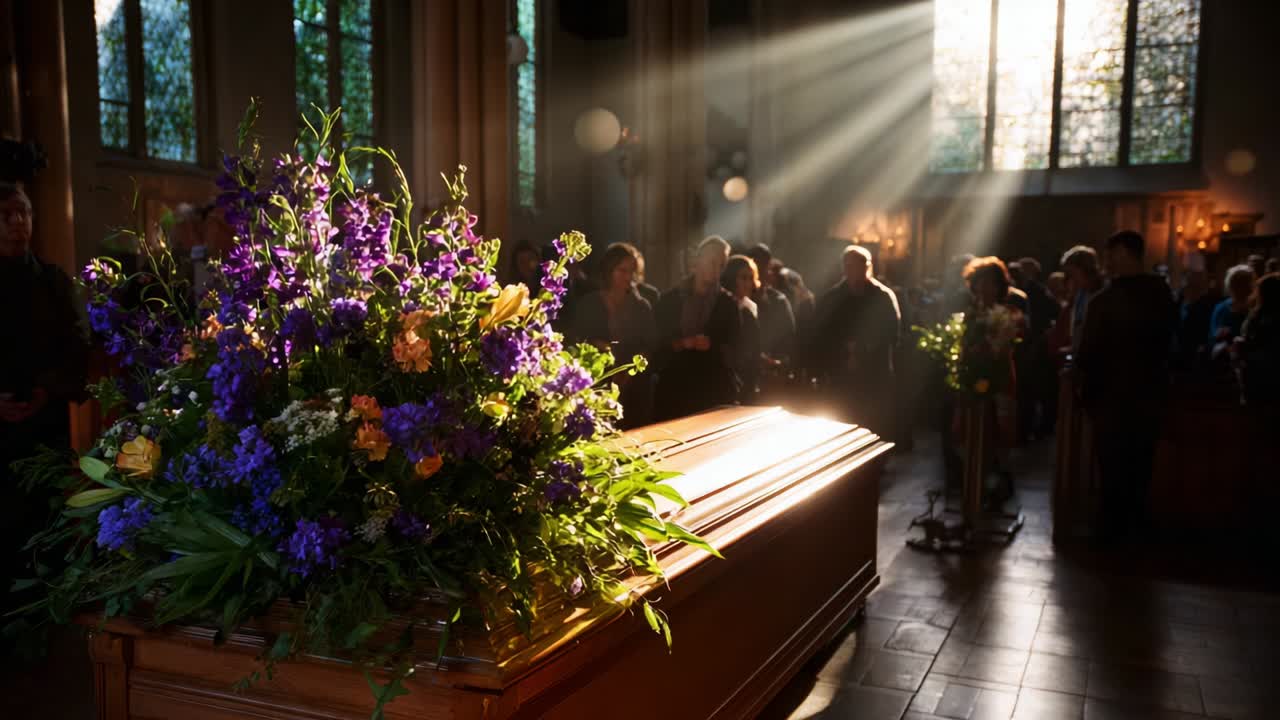 A Serene Farewell: Illuminated by Soft Sunbeams, Friends and Family Gather Around a Beautifully Adorned Casket Surrounded by Vibrant Floral Arrangements in a Tranquil Setting